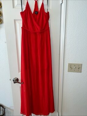 bebe Red Maxi Dress with Surplice Neck and Spaghetti Straps